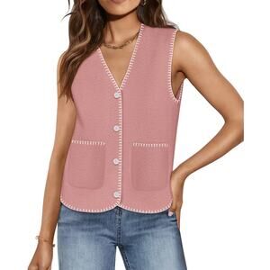 ZESICA Vest Med Pink Contrast Knit Cottagecore Whimsy Artsy Button Down Pockets